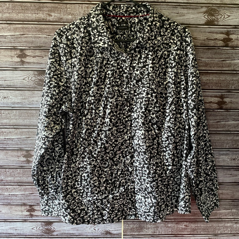 Talbots‎ Women's Long-Sleeved Button-Down Top Size 18 Black White Gray Non-Iron